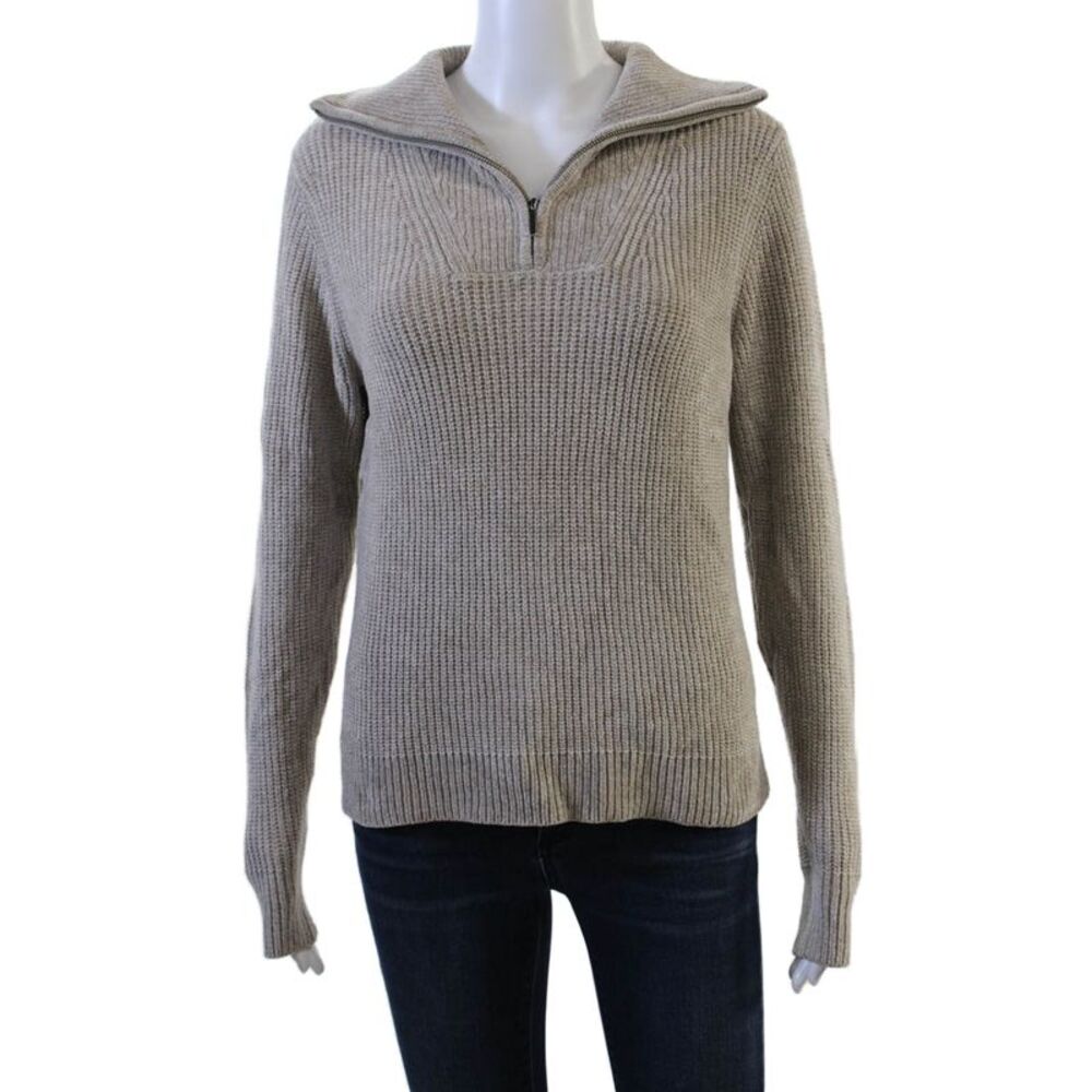 Patrick Assaraf Womens Pullover Collared Zip Beige Viscose Cotton Size XS